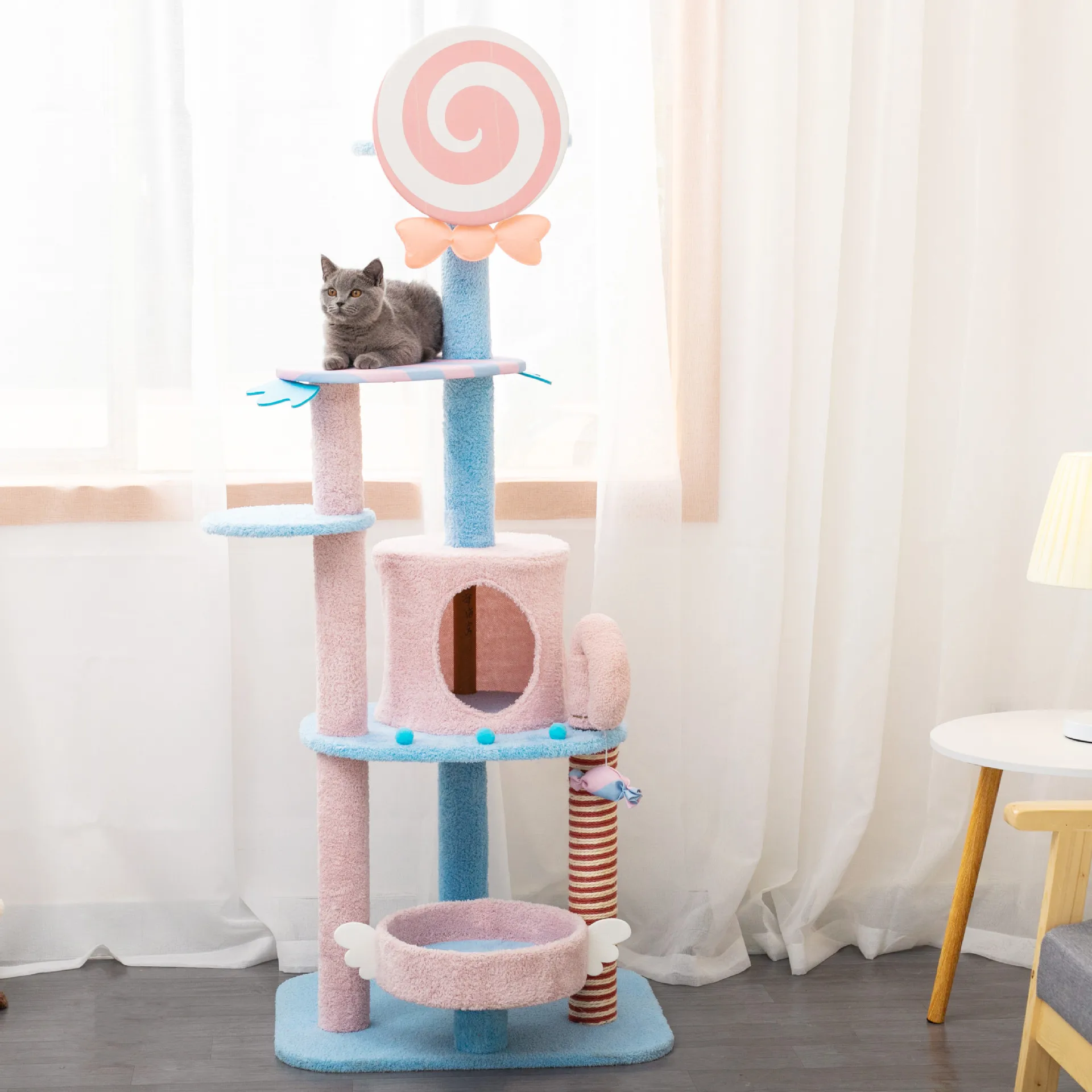 Hot Selling Large Cat Tree Tower Sisal Big Climbing Scratch Pink Blue Fresh Color Pet Scratcher Post Wood Cat Toy House
