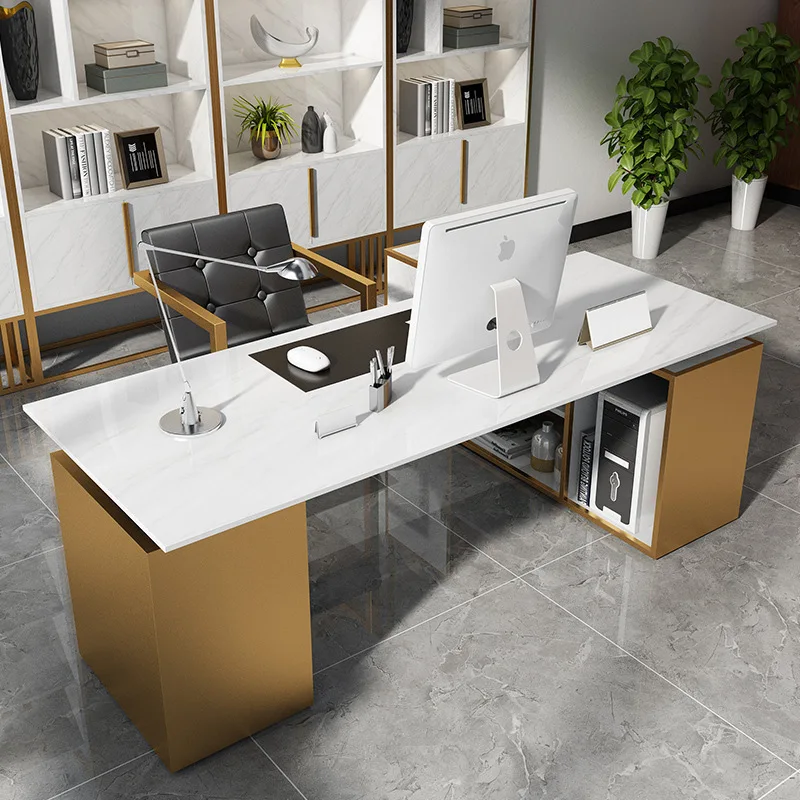 New Arrival 2021 Modern Office Trading Desk Home Manager Boss Marble Desk with Gold Stainless Steel Base