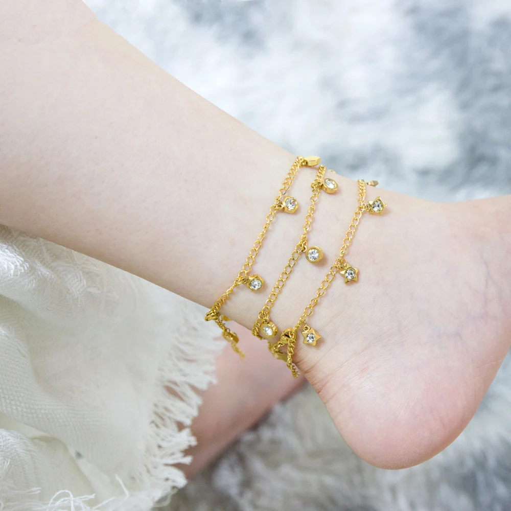 Ason 14k Gold Stainless Steel Anklet with Star and Moon Pendant for Girl and Women Stainless Steel Bangle Anklet