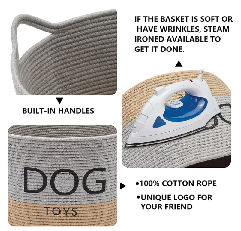 Cotton Rope Round Dog Toy Box with Handles Large Dog bin Laundry Basket Blanket Storage bin- Perfect for organizing pet Toys