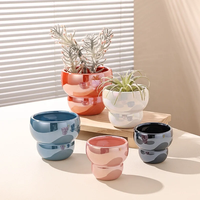 Nordic ins style light luxury new candy electroplating glaze colorful ceramic pot fleshy potted green plant indoor hole