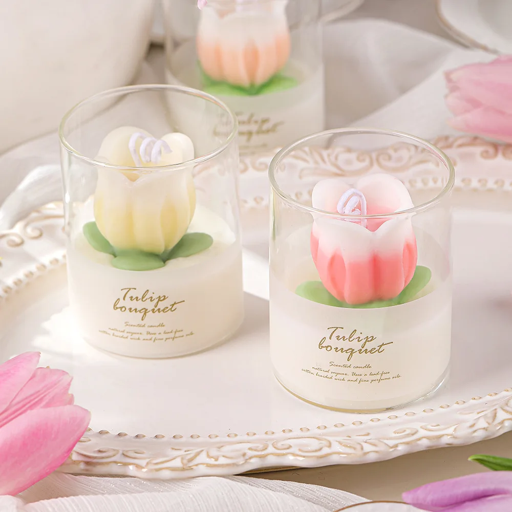 Romantic Soy Wax Glass Tulip Flower Candle For Gift Home Decor