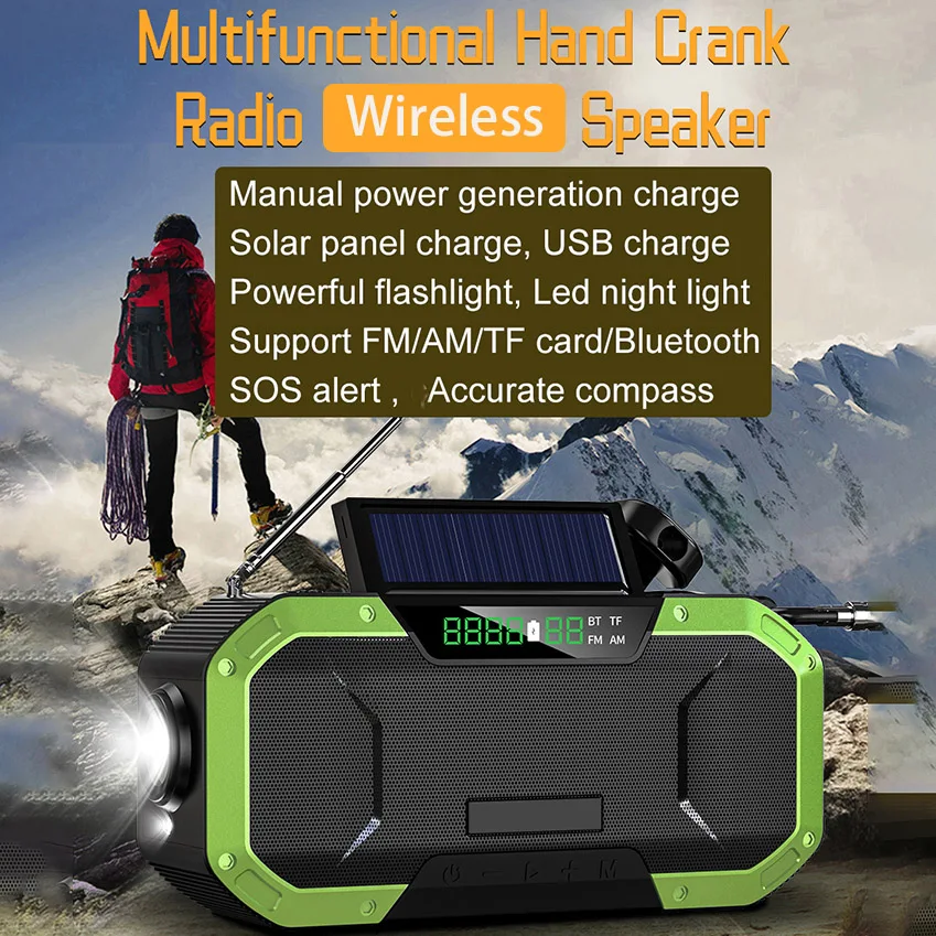 USB Solar Charge Outdoor BT Speakers Universal Am Fm Radio with Night Light/Touch/Power Bank/SOS/compass