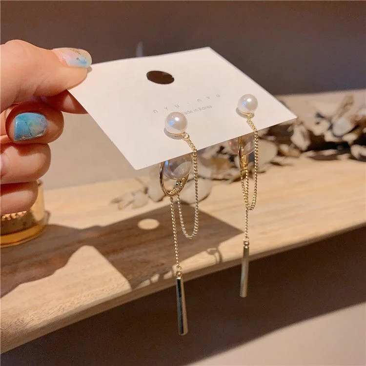 2021 Korean version of 925 needle long dangle pendant pearl gold hoop earrings