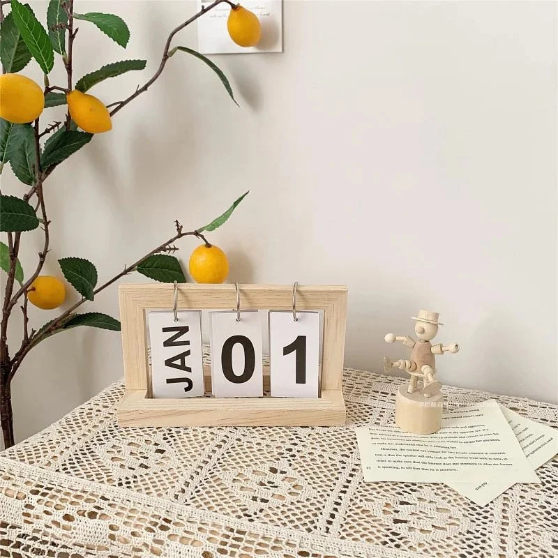 Vintage Wood Block Perpetual Calendar Month Week Date Blocks Home Desk Elegant Christmas Decoration Gift Model Clock Hanger Box