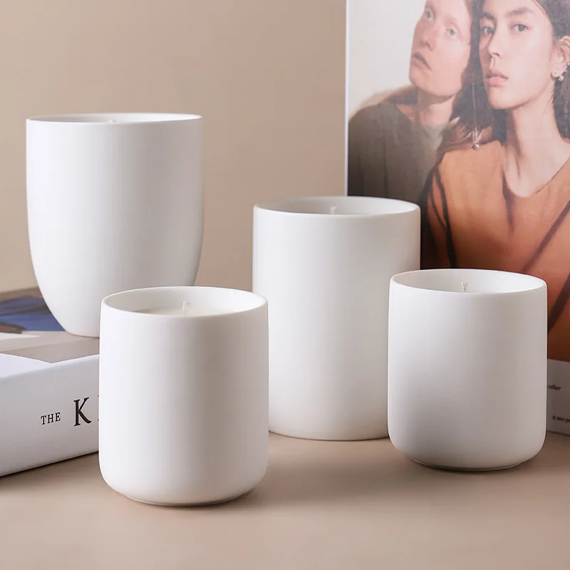 Matte white modern solid color cylindrical ceramic candle jar candle container for candle making