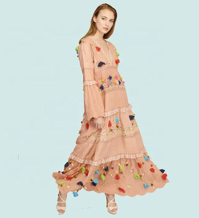 Handmade Long Floral Beaded Women Ethnic Traditional Casual Dress