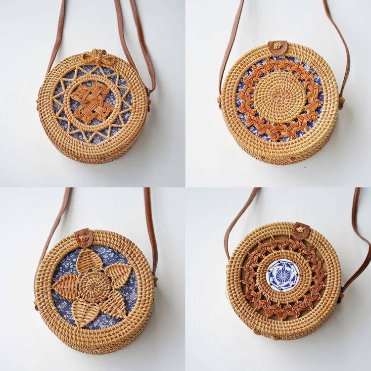 New Natural Rattan Sling Bag Beach Ladies Bali Rattan Round Bag With Snap Clasp