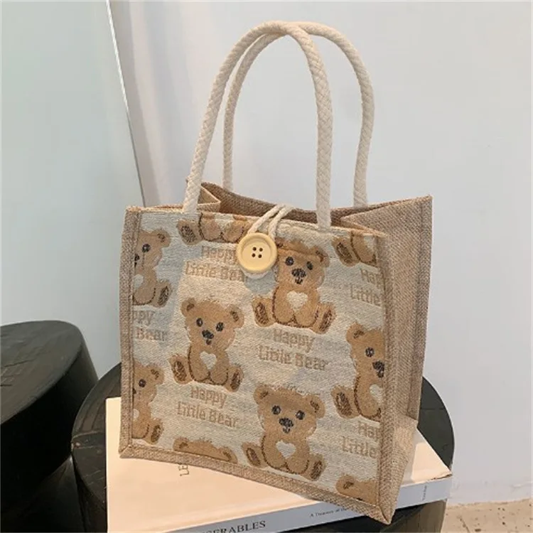 2023 new small handbags Bear linen tote ins small satchel students cheap mini tote bag for girls