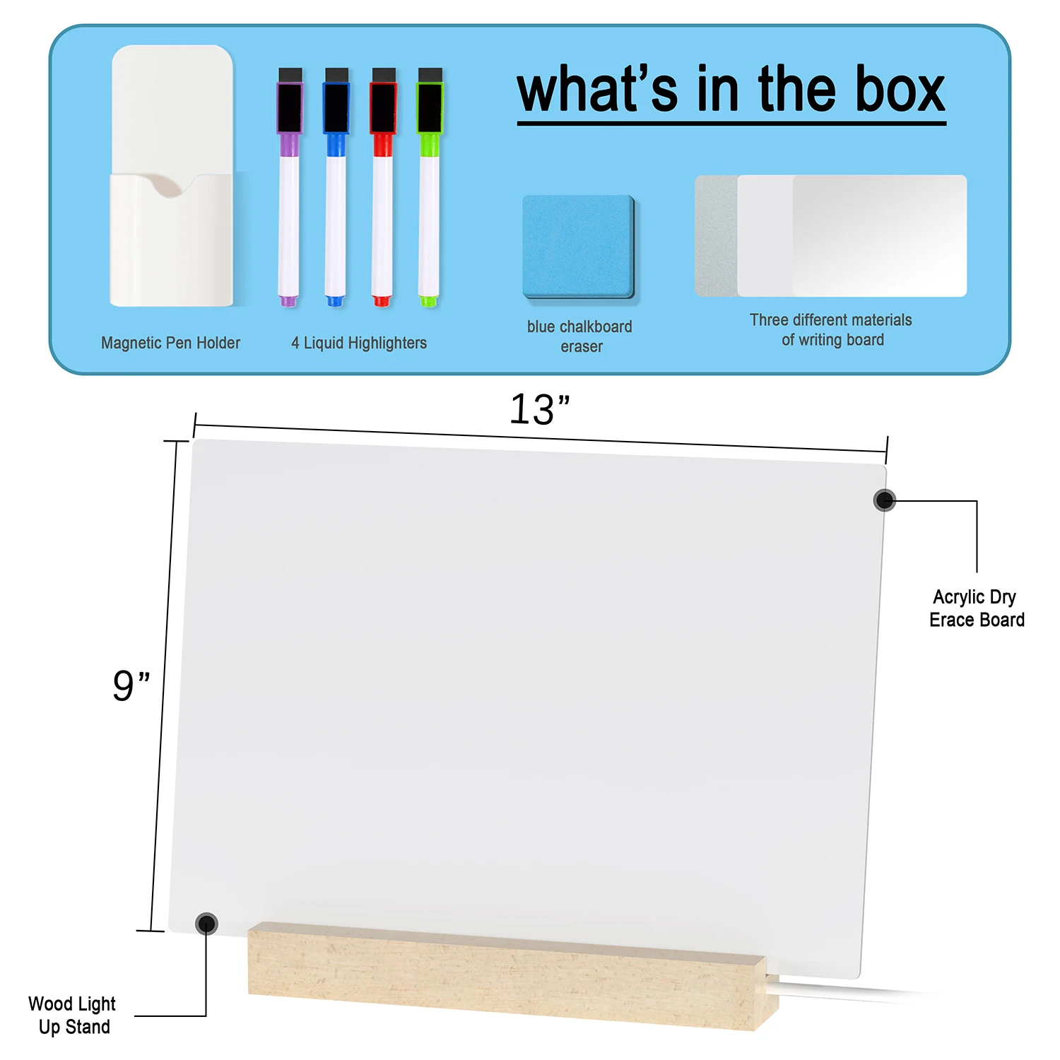 Led Light Double Side Dry Erase Acrylic Board Writing Board Acrylic Message Board With Wooden Base