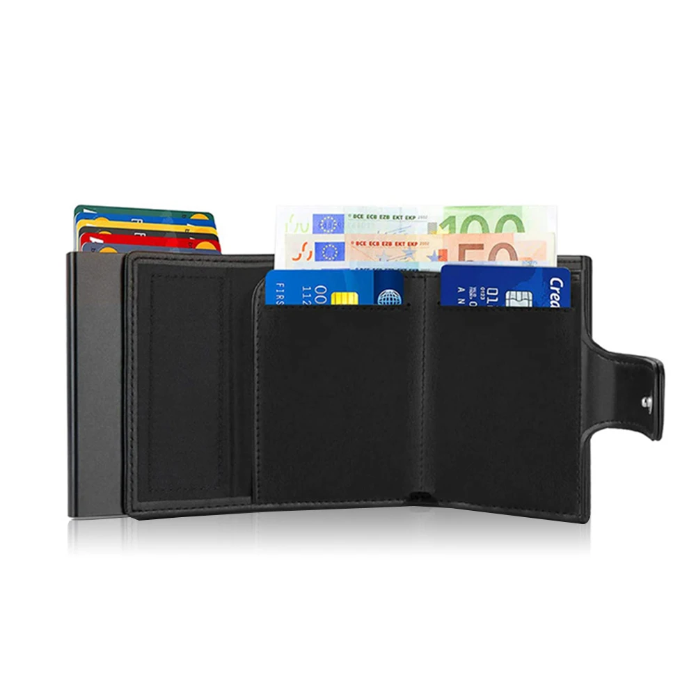 Multifunctional Metal Aluminum Box Pop Up Wallet Leather Id Card Holder Rfid