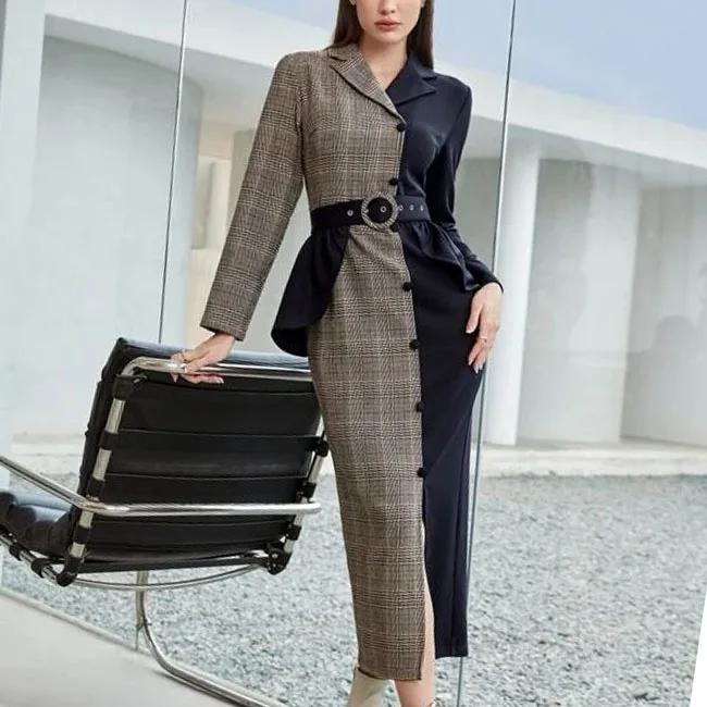 2022 Spring and autumn long sleeve lapel matching color plaid waist girdle work dress women