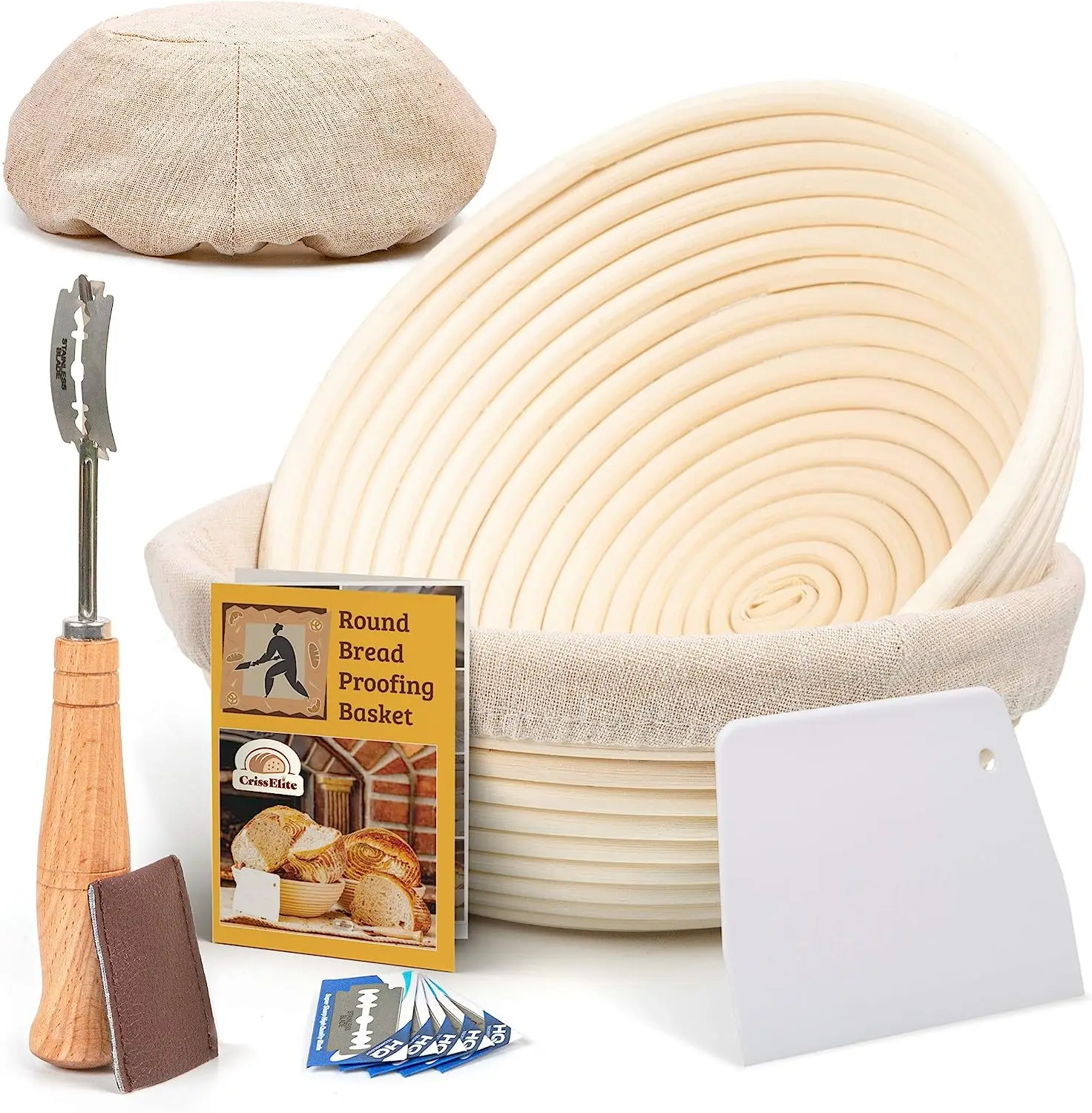 New Arrival Round Natural Rattan Customized Bread Proofing Basket Set Bread Proofing Baskets with Bread Lame Dough Scraper