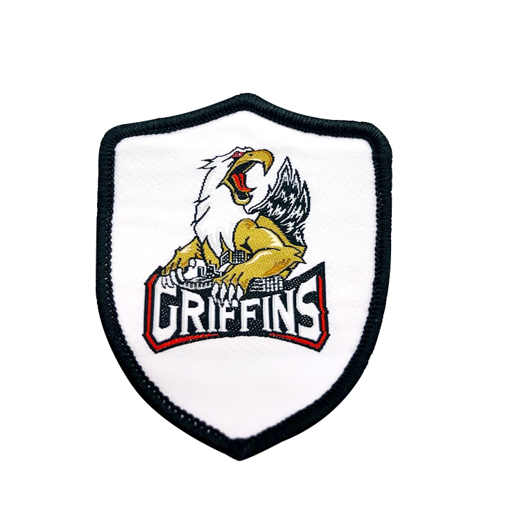 Wholesale merrow border custom brand name logo machine woven badges for uniform