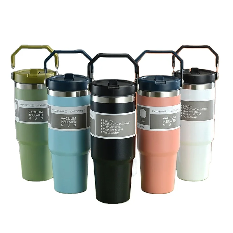 Hot Selling Flip Straw Outdoor Travel Coffee Cups Thermos Vacuum Mugs with Handle Grip