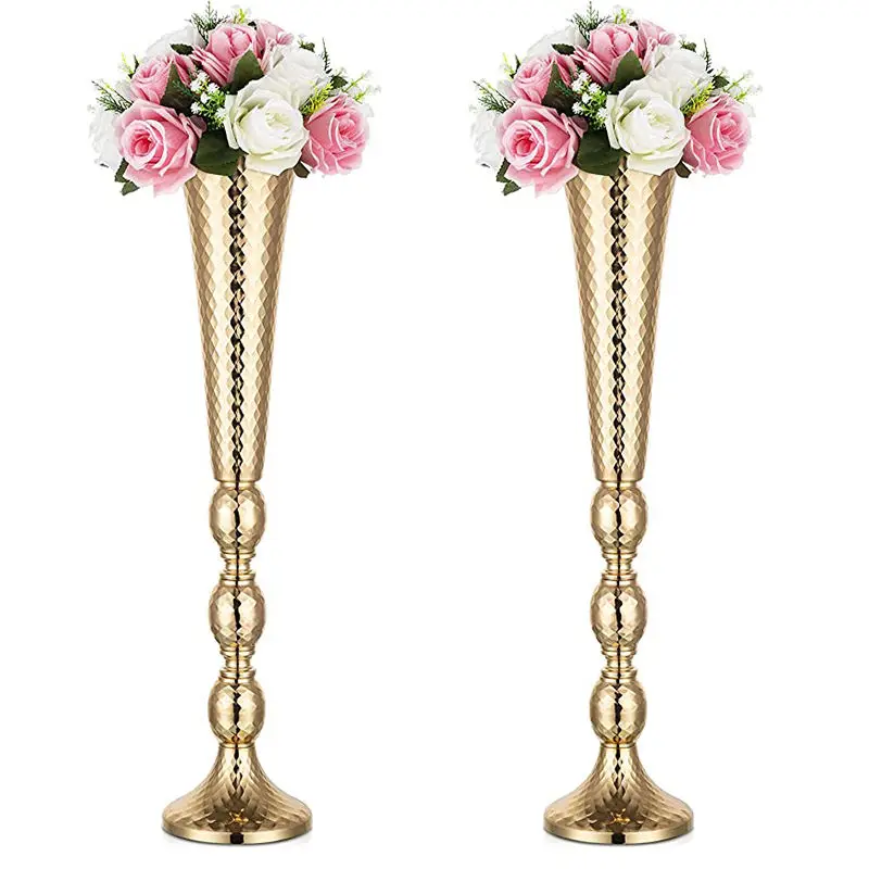 Metal Flowers Arrangement Tall Gold Sliver Tables Stands Decorations Trumpet Vases For Wedding Centerpieces