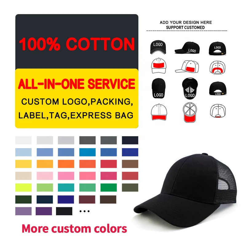 Black Trucker Baseball Caps Mesh Black Hat Man Custom logo  Baseball Cap Blank Mush Hat Sport Cap