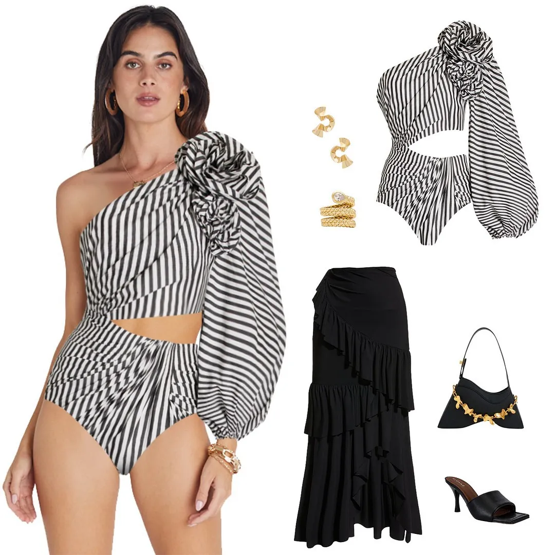 2025 Новый женский сексуальный слитный купальник с плиссированной юбкой оборками и краями полосатая сетчатая длинная юбка обслуживание для размера XS