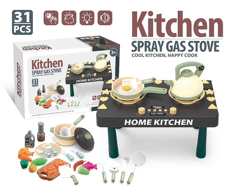DIY Toy Pretend New Playing Kitchen 31pcs with sound light and spray function Simulation Army green Spray gas stove set