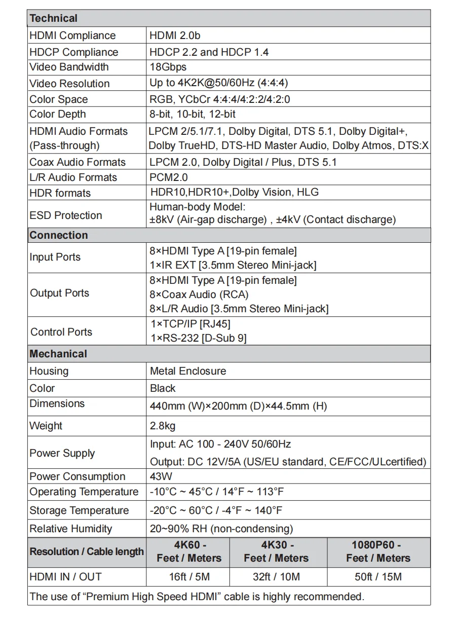 8x8 HDMI Matrix 2.0 4K@60hz 18Gbps 3D support panel buttons, IR remote, RS232, IP control