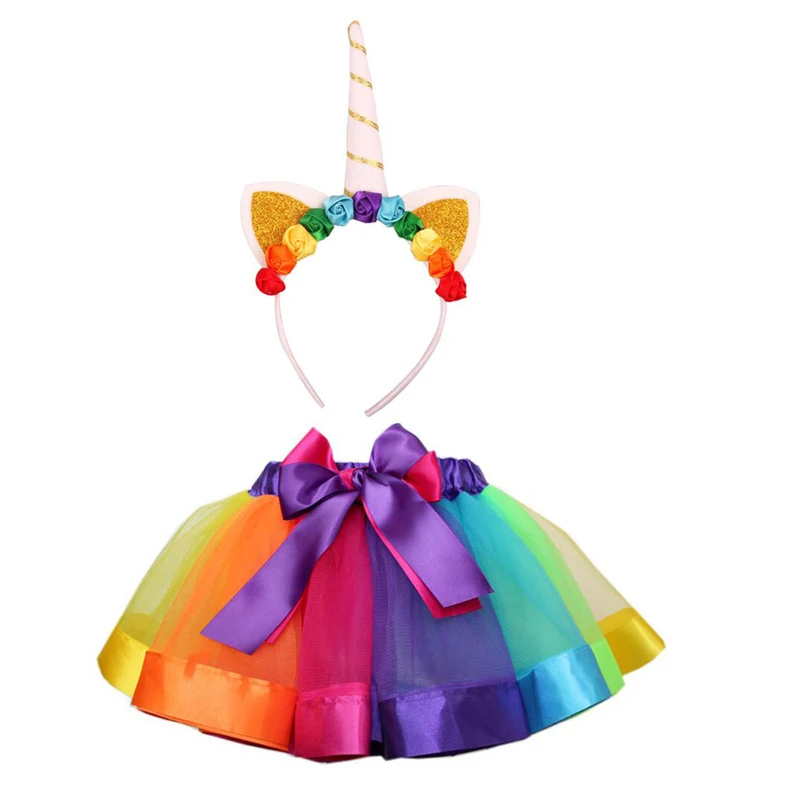 Girls Costume Kit Tulle Kids Rainbow Tutu Skirt and Unicorn Headband Birthday Party Costumes