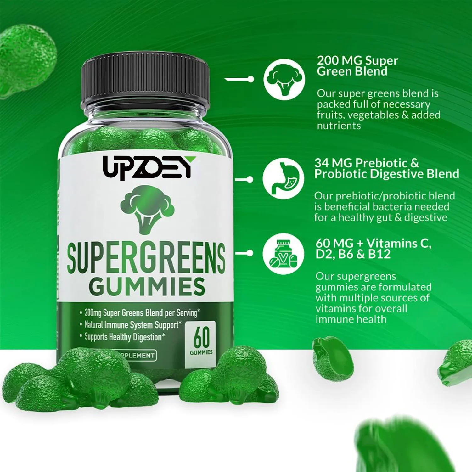 OEM organic Supergreens Gummies with Spinach, Broccoli, Moringa, Beet Root Boost Immune Health,Increase Digestion Healthy
