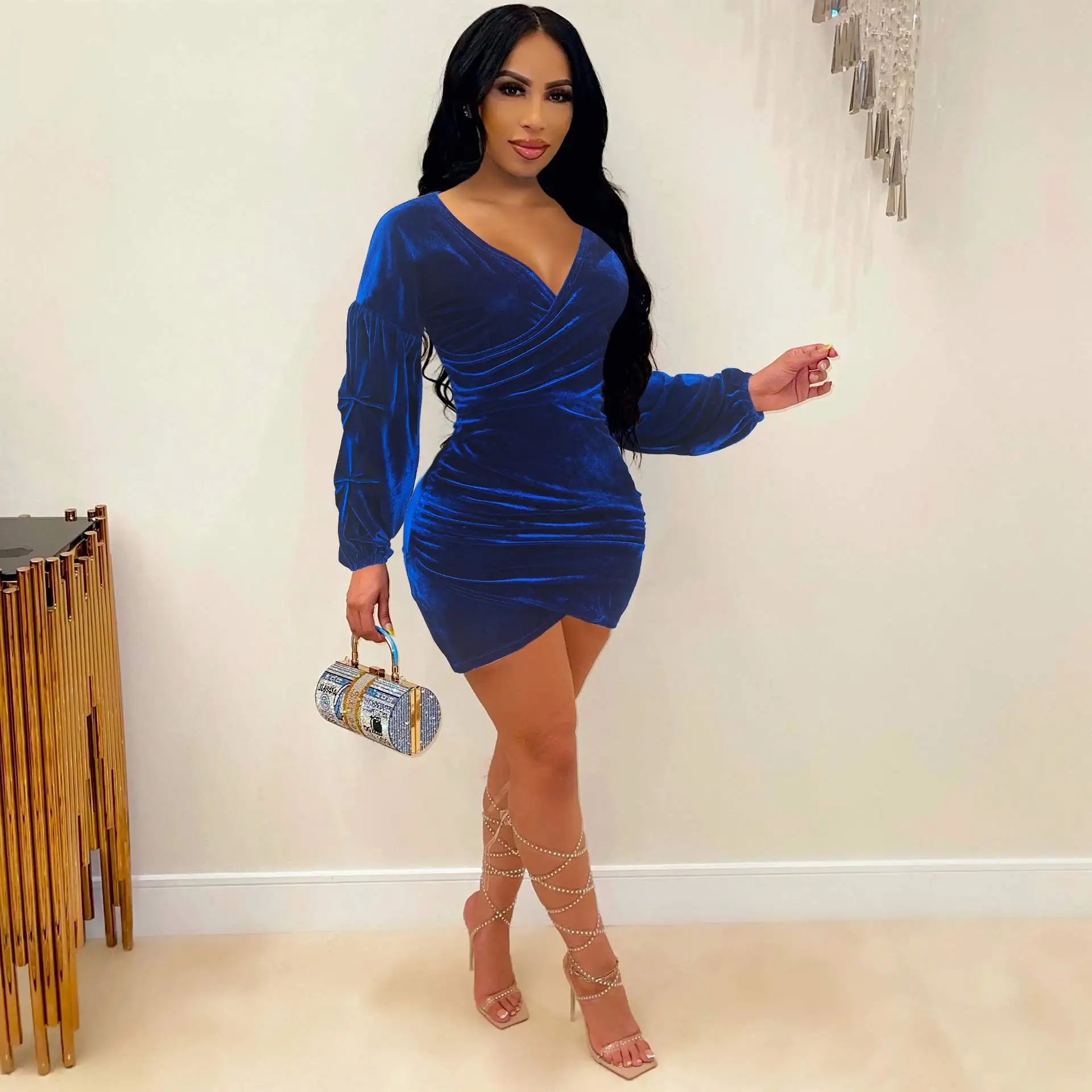 women mini bodycon plicated long-sleeve fall clothes 2022 velvet dress sexy women cocktail dresses
