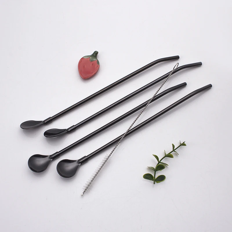 Supplier Hot Sale 2 in 1 long Straw with Spoon High Quantity Bar Accessories Colorful Stainless Steel Metal Straw