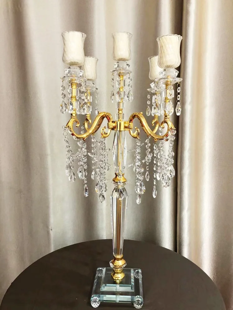 wholesale candleholder vintage gold wedding 5 arms crystal beaded candelabras
