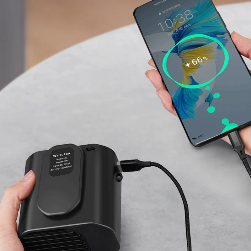10000mAh Portable Waist Fan 3 Winds Speed  With LED Light As Outdoor Power Bank