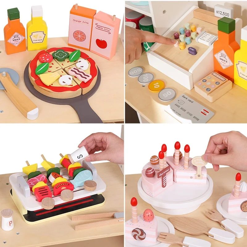 Unisex Wooden Commissary Toy Cart Simulation Cash Register for Children for Supermarket Home or Kindergarten Scene Toys