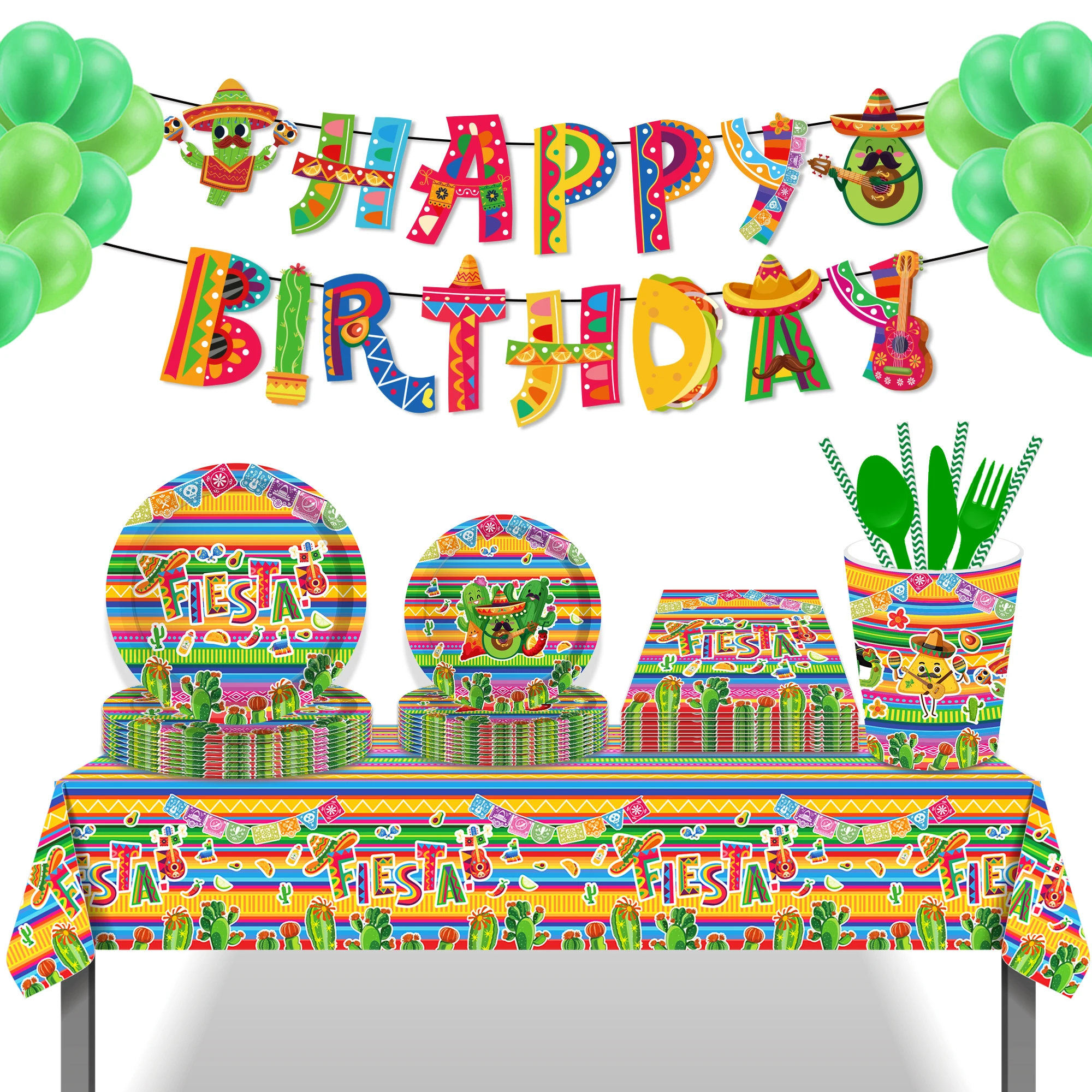 MM269 Mexican Theme Fiesta Party Supplies Tableware Set Cactus Pattern Plates Napkin Cup for Mexico Party