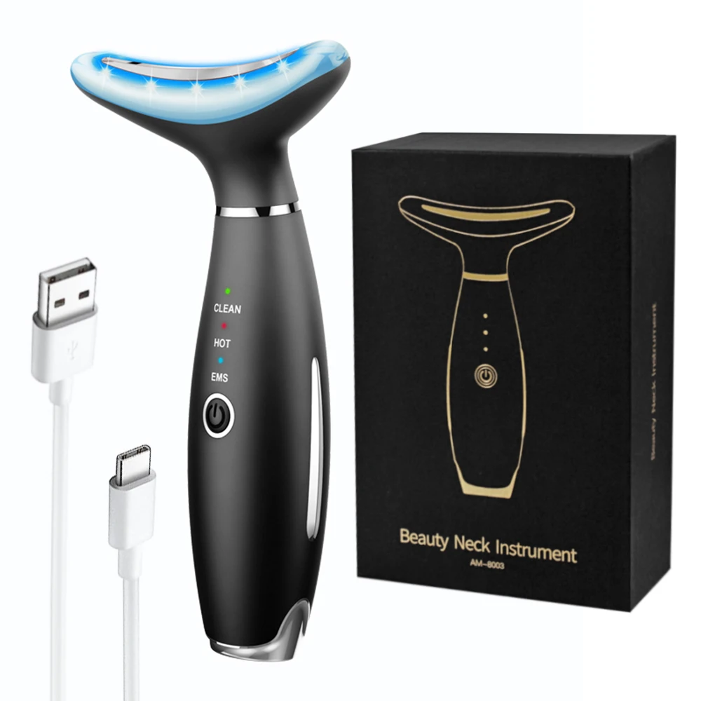 Hot Compress 45 Degree LED Light Therapy Skin Rejuvenation Facial Massage EMS Face Neck Lifting Massager