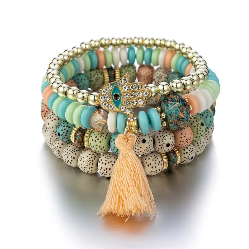 WBB025 Bohemian Multi-Layer Bodhi Beaded Pendant Statement Stretch Strand Bracelet withTassel Evil Eye Hamsa Charm Bracelets
