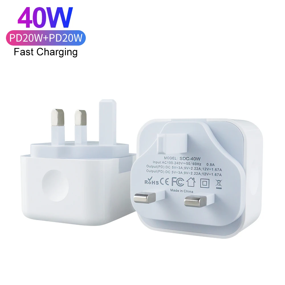 UK Plug Trend Products In 2022 PD 40W Fast Charging Double 20W Type C Port Travel Charger For iPhone 13 14 Pro Max