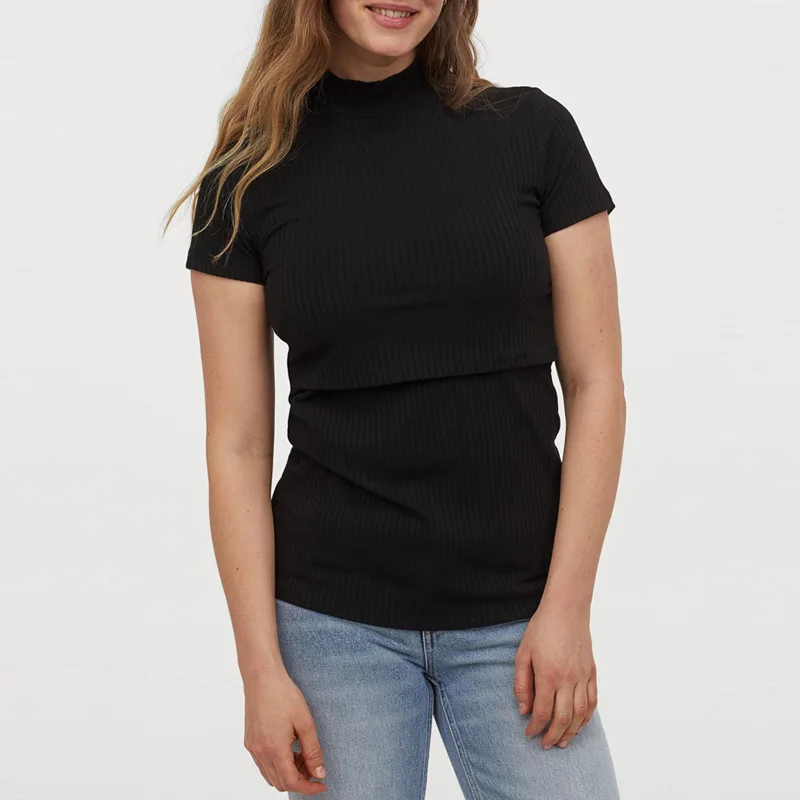 Черные хлопковые ребристые майки с коротким рукавом и высоким воротником, топы для кормления