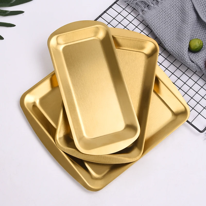 Metal Serving Tray Square Luxury Wedding Dinner Plates Stainless Steel Dessert Charger Plates Korean Buffet Plate Tableware