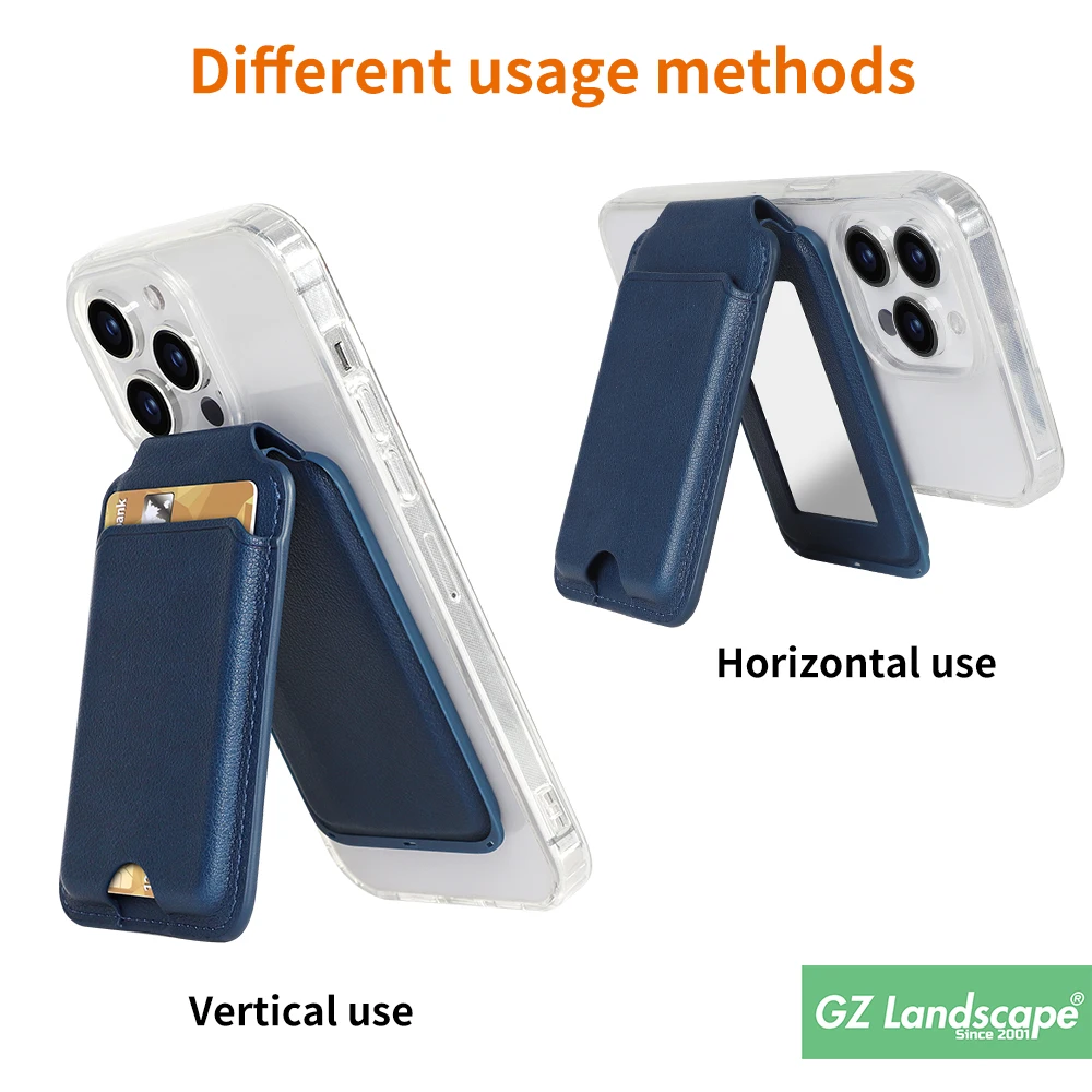 Custom leather mirror cell phone card holder stick on mobile phone back pocket magnetic wallet kickstand for iphone