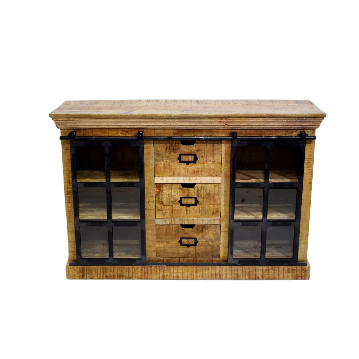 Glass Doors Mango Wooden Drawers Living Room Storage Decorative Sideboard