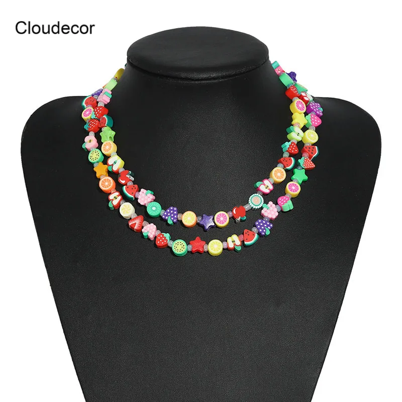 Модный мягкий шарик глины милое летнее колье для женщин лимон виноград Клубника Детские бусы, ювелирное изделие, 2 слоя ожерелье набор