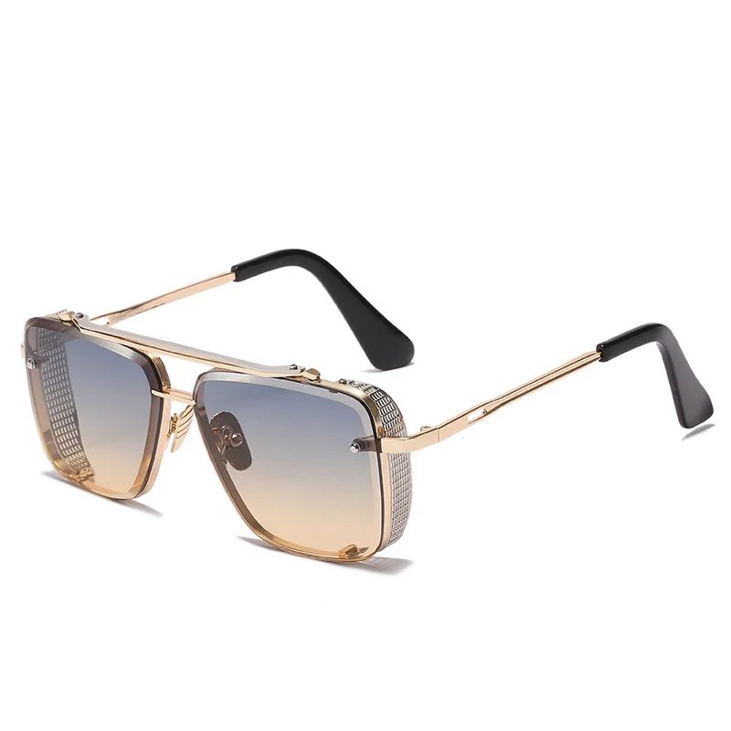 Classic Luxury High Quality Men Sunglasses Steampunk Golden Fashion Sun Glasses For Women Mirror Square Metal Flat Top Shades