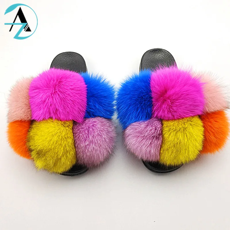 
Custom US Hot Sale PVC Sole Colorful Ratatable Six Balls Women Fur Slides Fluffy Real Fox Fur Slippers 