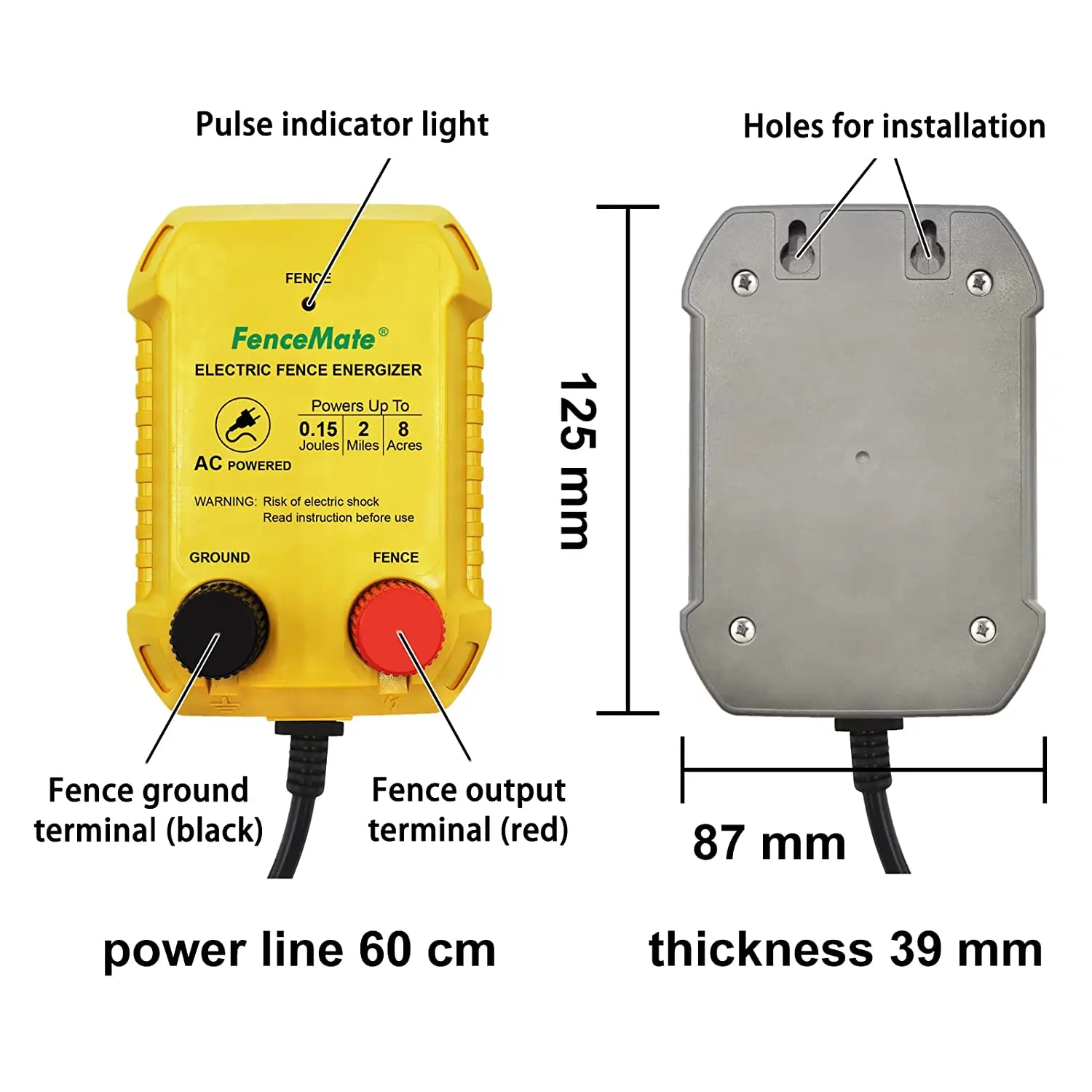 FenceMate Fence Energizer with AC Power up to 2 Miles / 8 Acres, Charger for Containment of Livestock