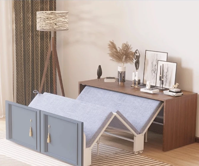 Rotating desk bookcase folding bed cabinet all-in-one multi-functional invisible home adult single double bed simple solid wood