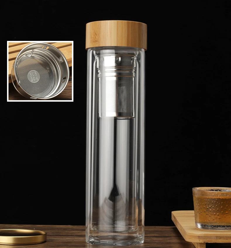 Изготовленным на заказ логосом Чай infuser фруктового сока герметичная стаканы с двойной стенкой Изолированная стеклянная бутылка для воды бамбуковой крышкой