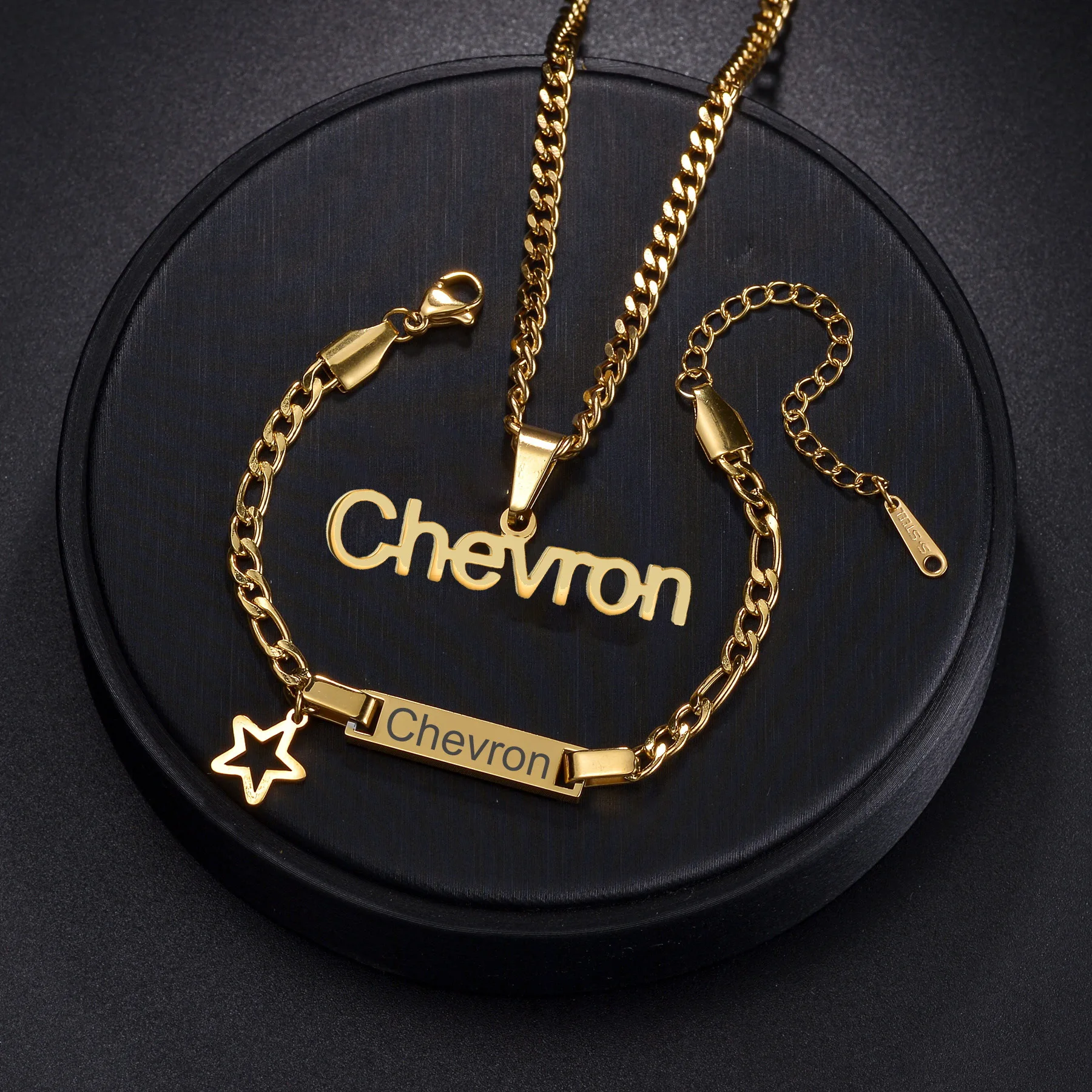 Custom Tranish Jewelry Set Custom Name Pendant Stainless Steel Engraving Letter Bracelet For Children Baby