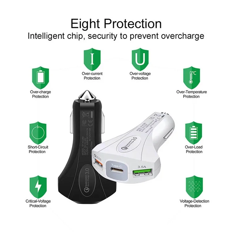 Car charger 3 Port Quick Charging 7A 35W Type c Hammer Safety QC3.0 Fast Charging Car Chargers For iphone
