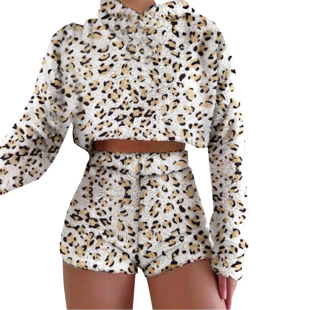 Fall Winter Warm Thick Lounge Wear Long Sleeve Plush Fuzzy Tie Dye Leopard Print Hooded Shorts Long Sleeve Velvet Two Piece Set