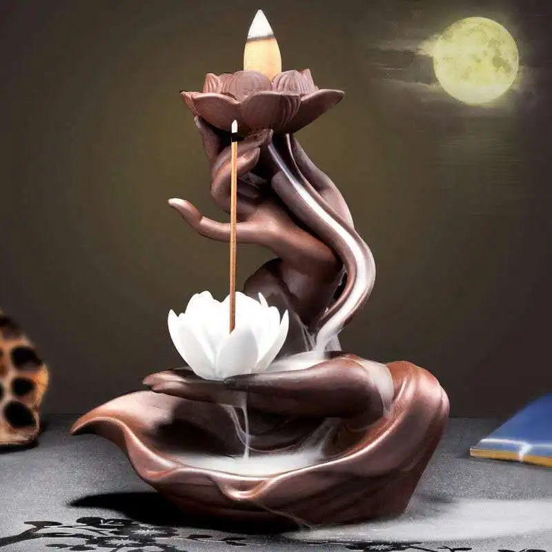 Hot sale Zen buddha hand lotus waterfall agarwood Ceramic backflow incense burner