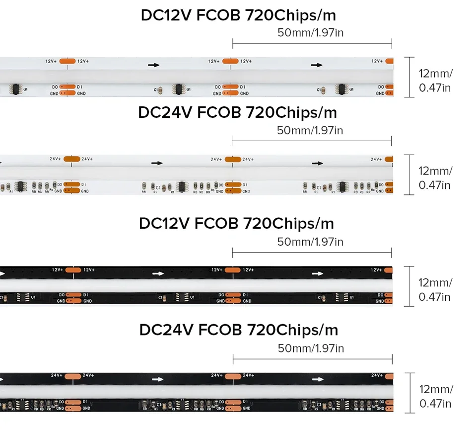 DC12V 24V FCOB RGB WS2811 IC LED Light RA90 720 LEDs Per Meter Flexible Digital FOB COB Addressable RGB Led Pixel Strip Light